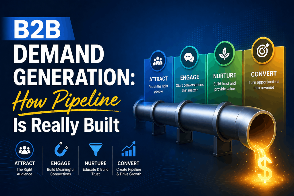 B2B demand generation strategy showing a modern pipeline engine driving sustainable business growth